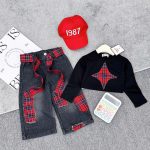 Girl plaid patches denim set
